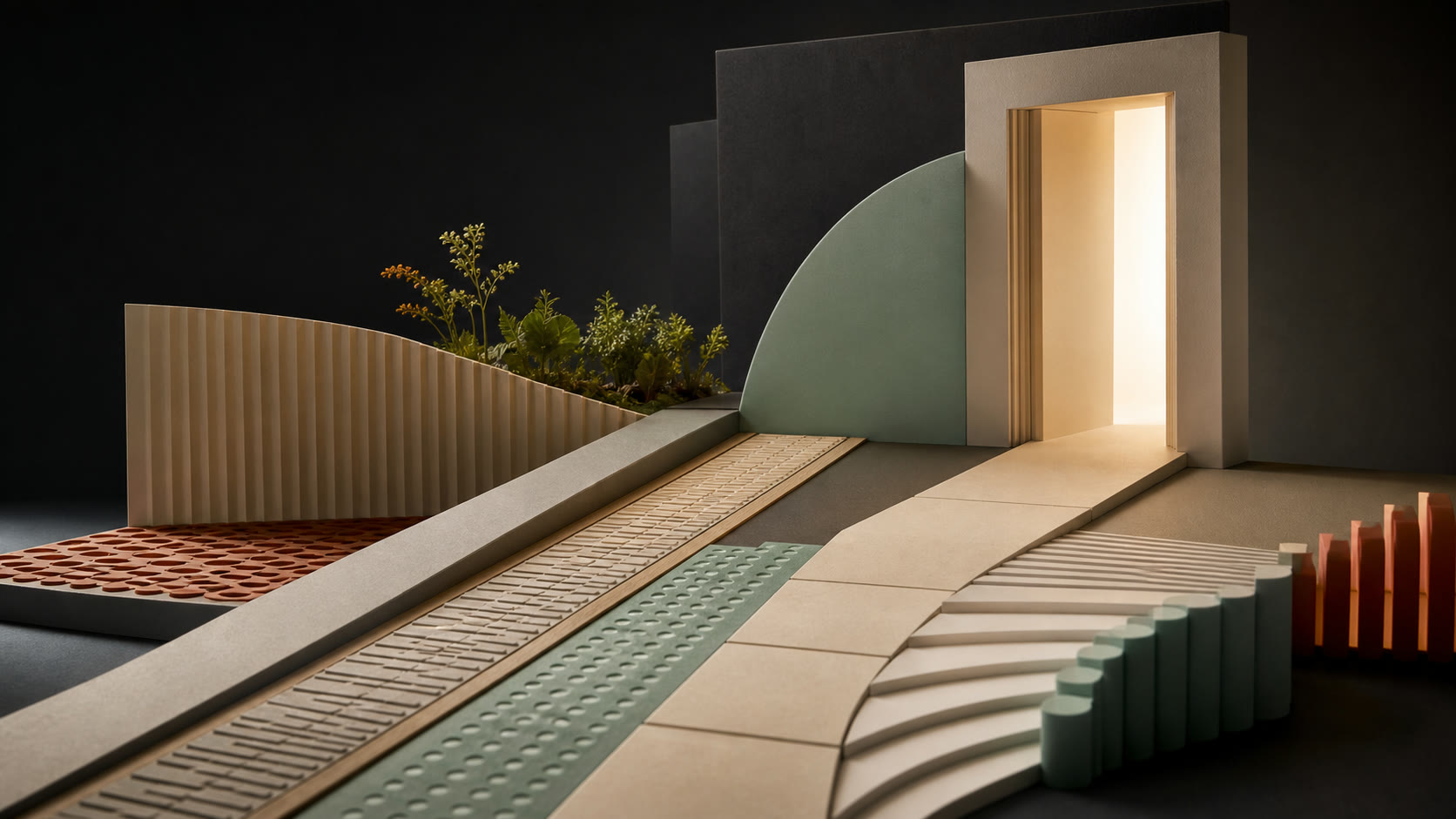 Multiple tactile, high-contrast paths and ramps converge at one open illuminated doorway.