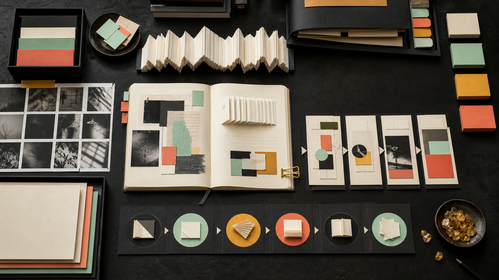 Notebook, abstract contact sheets, evidence cards, and coloured publishing tabs arranged on a dark studio table.