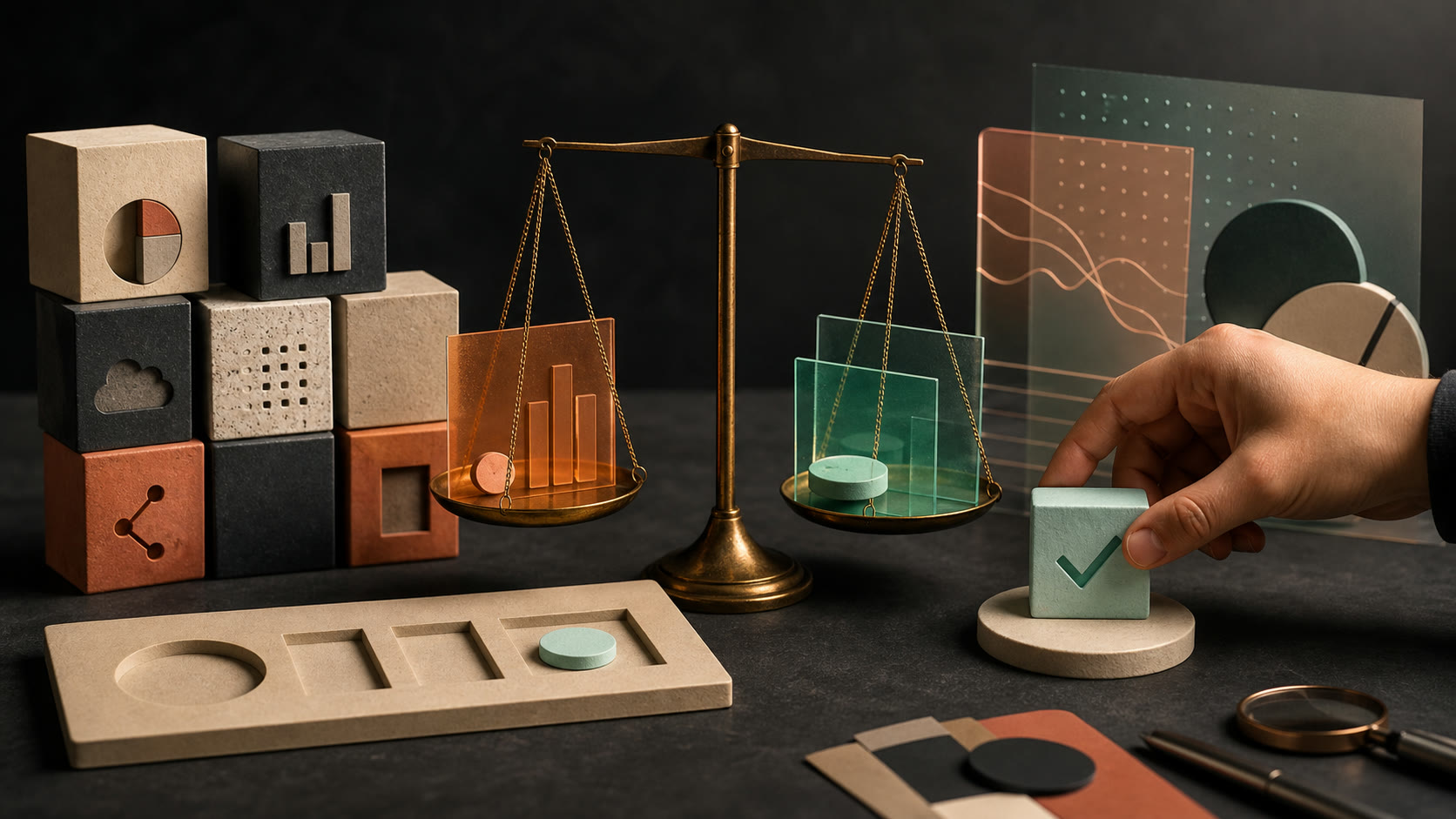 Modular business tools and transparent value layers balanced on a brass scale.