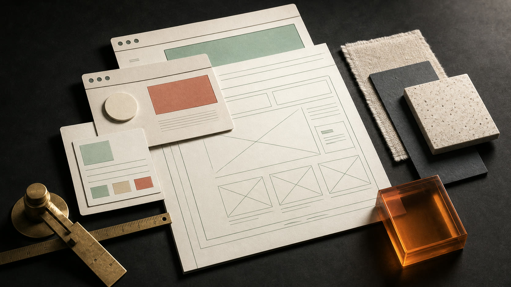 Designer sorting rough visual variations across a busy worktable.
