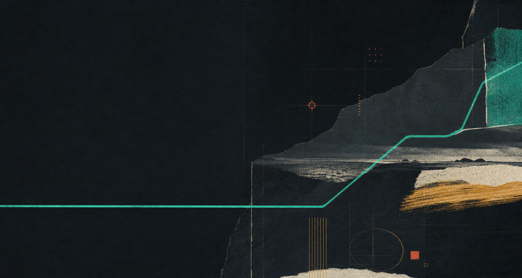 Abstract graphite, teal, amber, and coral artwork showing a clear signal emerging from layered complexity