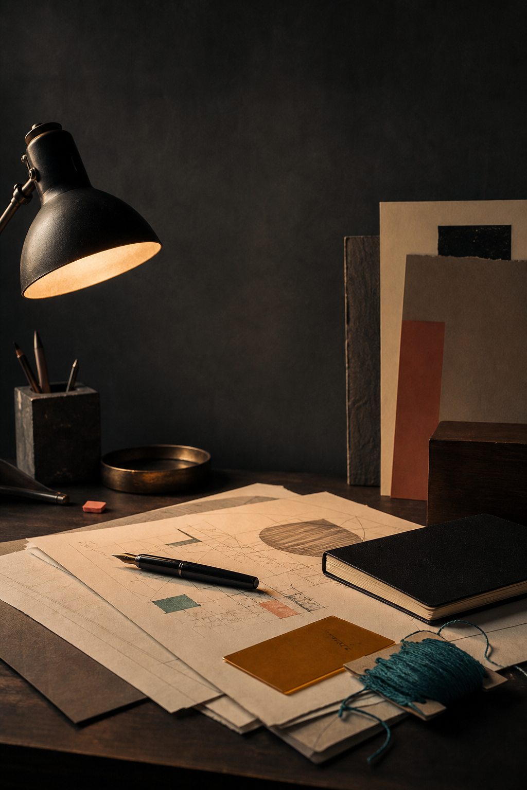 OneZero studio table with marked-up paper, notebook, pen, and design swatches