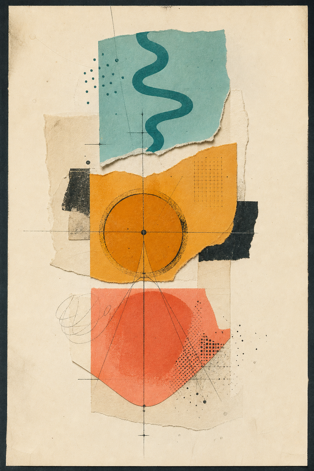 Tactile collage of three aligned visual layers representing position, proof, and conversion