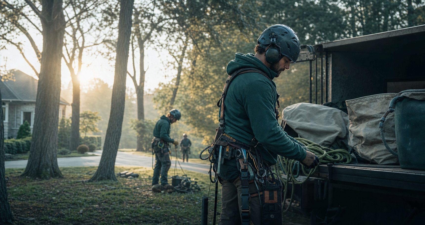 Arborist preparing equipment beside mature Ontario trees at first light