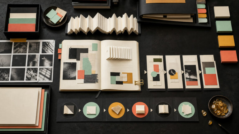 Notebook, abstract contact sheets, evidence cards, and coloured publishing tabs arranged on a dark studio table.