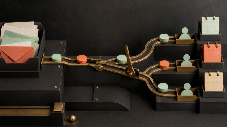 Mint and coral signal tokens move through a brass routing system with a visible safety catch.