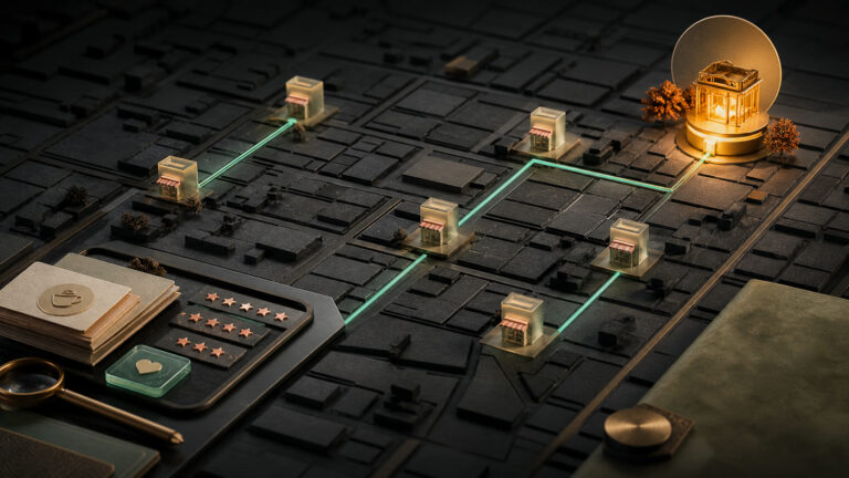 Mint routes connect neighbourhood business markers to a warm destination in a dark miniature city grid.
