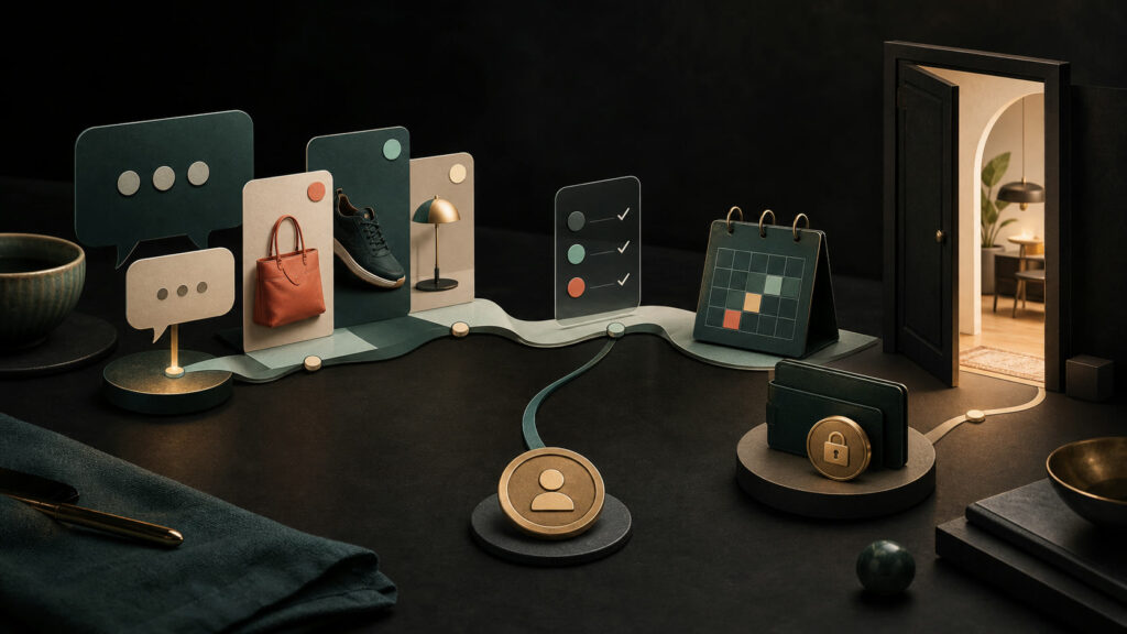 An editorial pre-click shopping journey connecting conversation, comparison, human approval, scheduling, payment, and the business