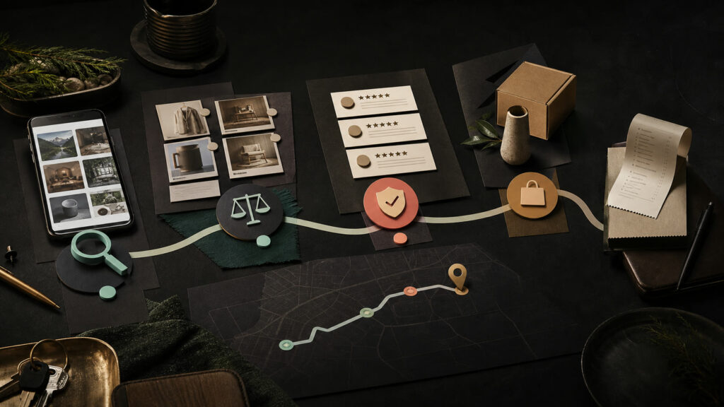 An editorial customer-decision map connecting digital discovery, comparison, reviews, trust, and purchase