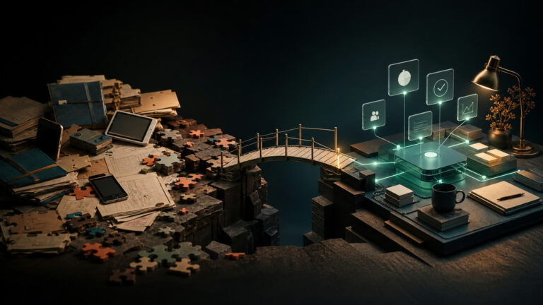 An editorial bridge connecting scattered tools and paperwork to a calm integrated business system