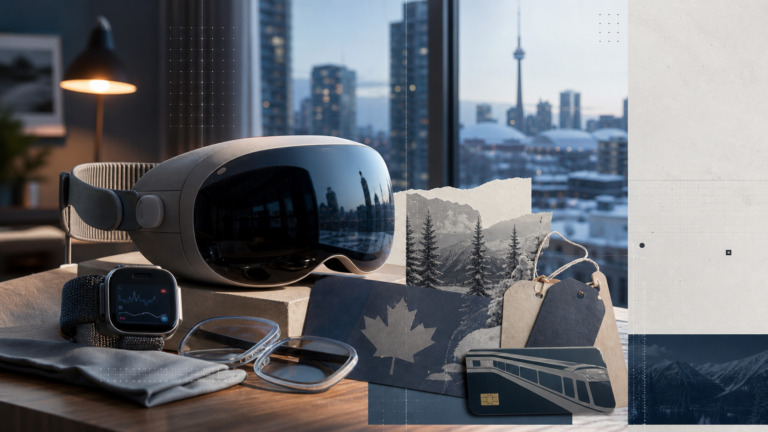 An editorial still life of a spatial headset, health watch, prescription lenses and Canadian city transit details.