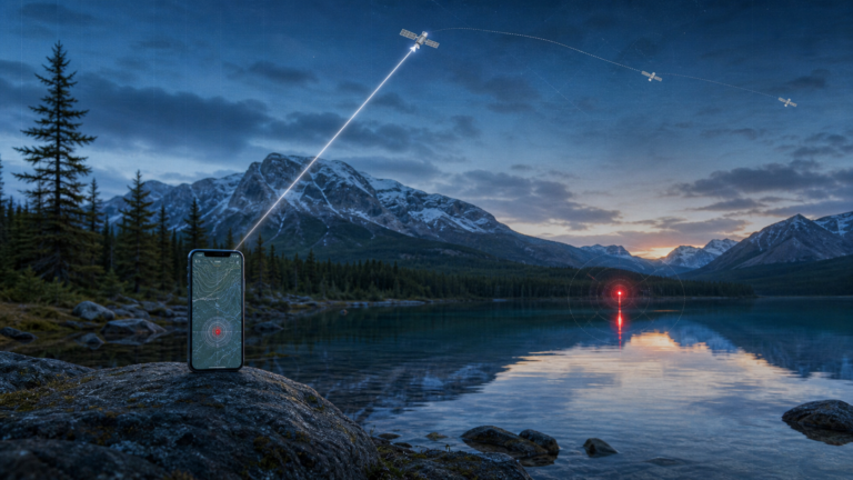A phone beside a northern lake connecting directly to low-earth-orbit satellites above the mountains.
