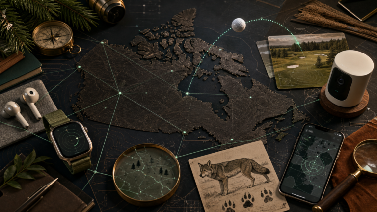 A tactile map of Canada surrounded by a smartwatch, earbuds, home camera, golf trajectory and wildlife-sighting map.
